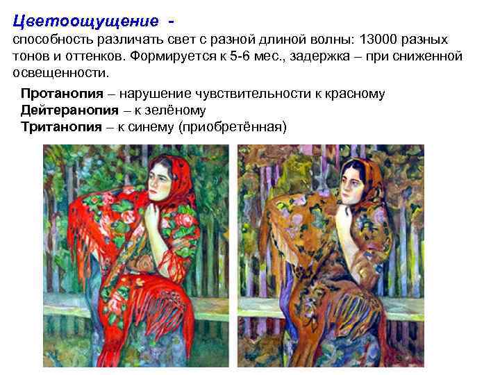 Цветоощущение способность различать свет с разной длиной волны: 13000 разных тонов и оттенков. Формируется