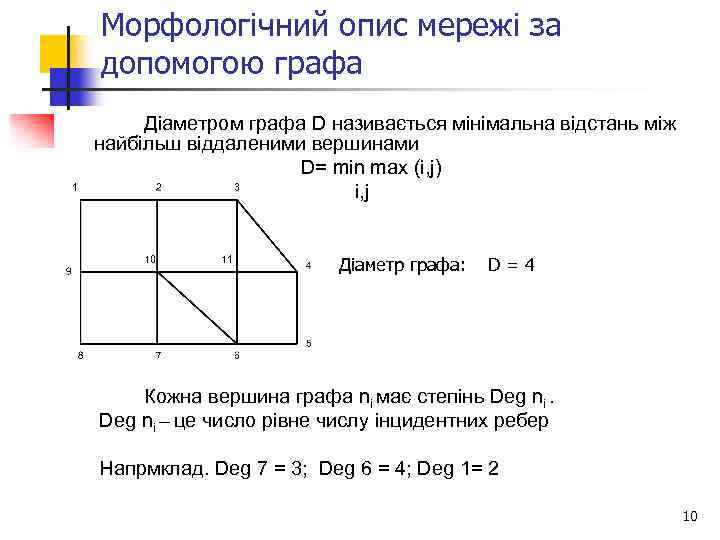 Морфологічний опис мережі за допомогою графа Діаметром графа D називається мінімальна відстань між найбільш