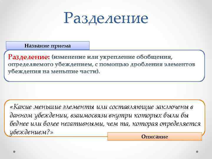 Разделение Название приема Разделение: «Какие меньшие элементы или составляющие заключены в данном убеждении, взаимосвязи