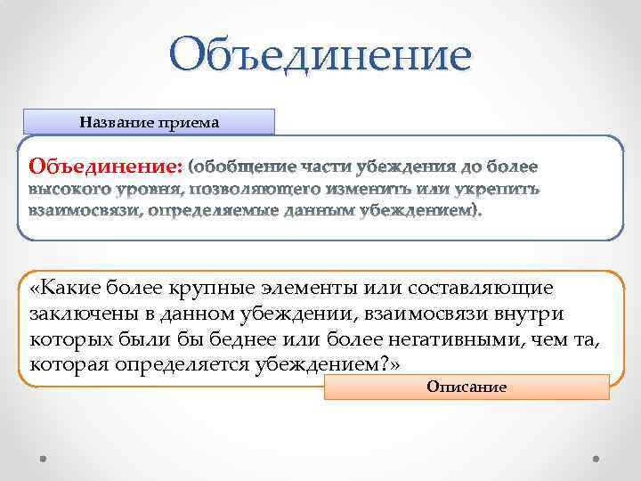 Объединение Название приема Объединение: «Какие более крупные элементы или составляющие заключены в данном убеждении,