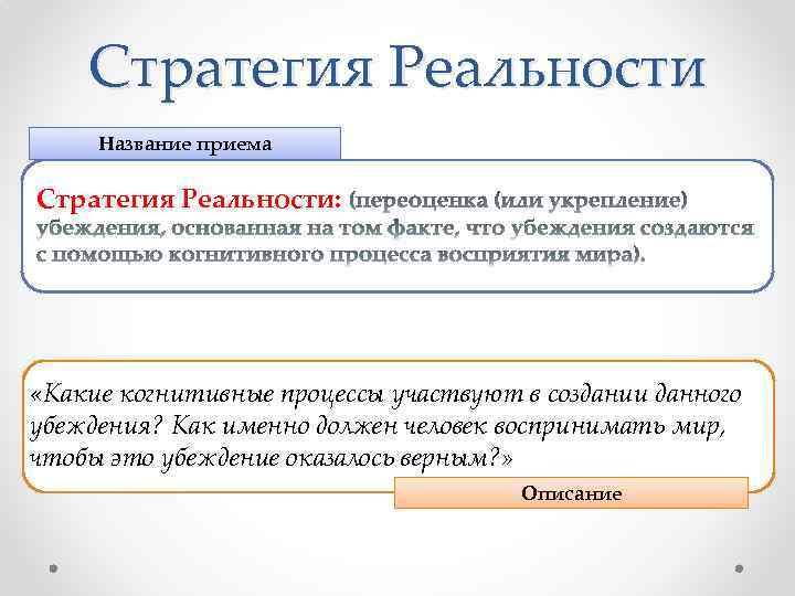 Стратегия Реальности Название приема Стратегия Реальности: «Какие когнитивные процессы участвуют в создании данного убеждения?