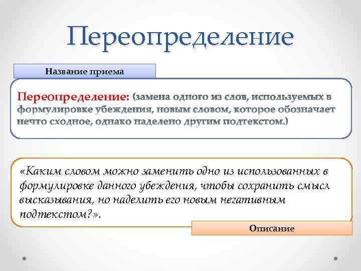 Переопределение Название приема Переопределение: «Каким словом можно заменить одно из использованных в формулировке данного