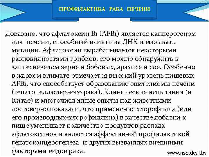 ПРОФИЛАКТИКА РАКА ПЕЧЕНИ Доказано, что афлатоксин B 1 (AFB 1) является канцерогеном для печени,