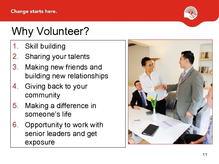 Why Volunteer? 1. Skill building 2. Sharing your talents 3. Making new friends and