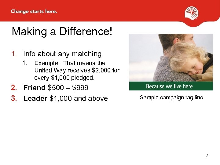 Making a Difference! 1. Info about any matching 1. Example: That means the United