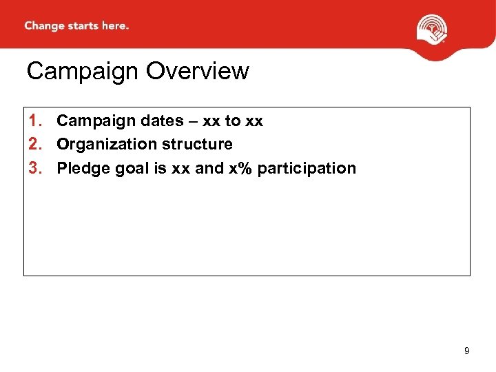 Campaign Overview 1. Campaign dates – xx to xx 2. Organization structure 3. Pledge