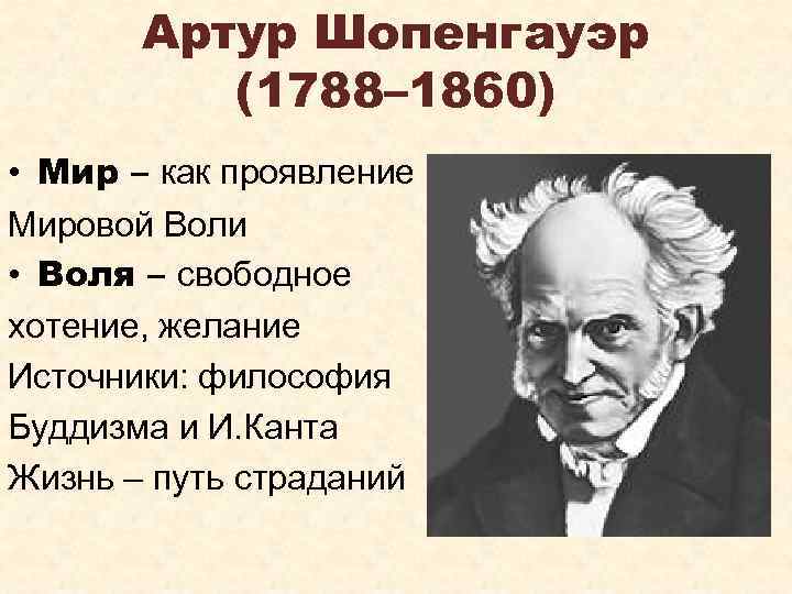 Артур Шопенгауэр (1788– 1860) • Мир – как проявление Мировой Воли • Воля –