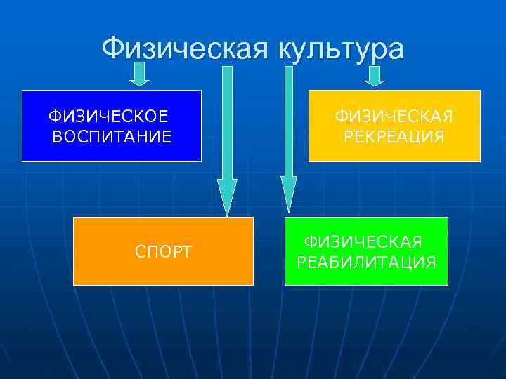 Физическая культура ФИЗИЧЕСКОЕ ВОСПИТАНИЕ СПОРТ ФИЗИЧЕСКАЯ РЕКРЕАЦИЯ ФИЗИЧЕСКАЯ РЕАБИЛИТАЦИЯ 