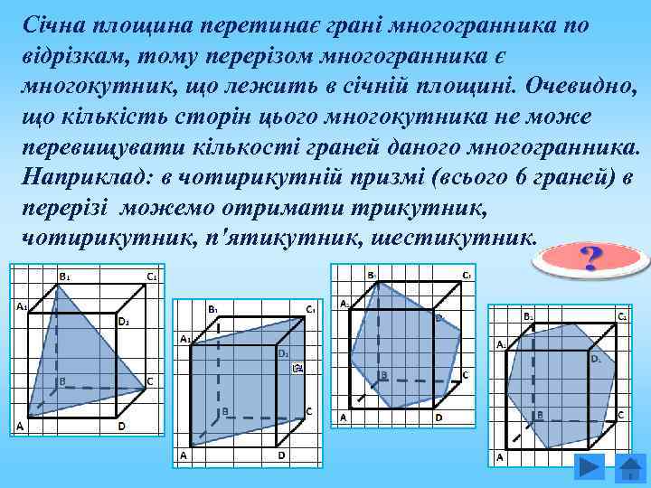 Січна площина перетинає грані многогранника по відрізкам, тому перерізом многогранника є многокутник, що лежить