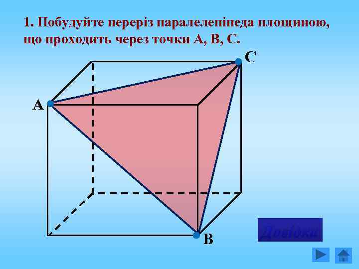 1. Побудуйте переріз паралелепіпеда площиною, що проходить через точки А, В, С. С А
