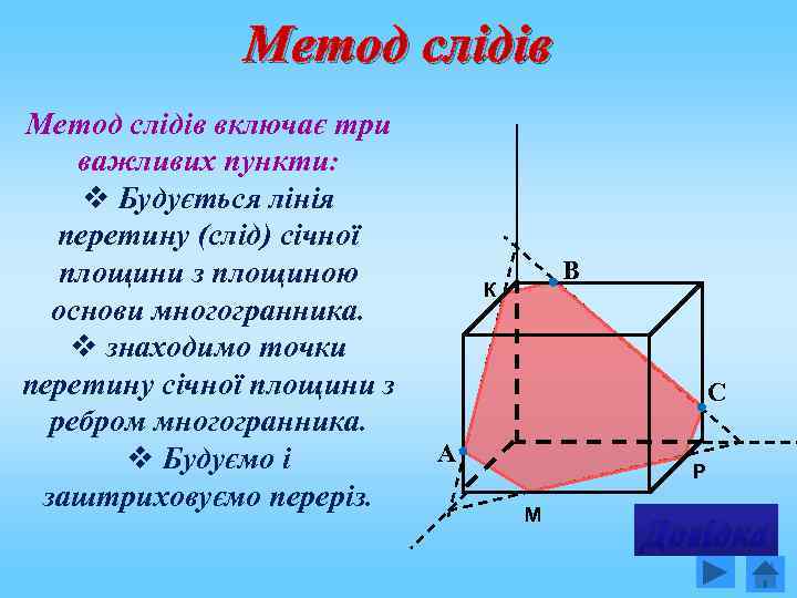 Метод слідів включає три важливих пункти: v Будується лінія перетину (слід) січної площини з