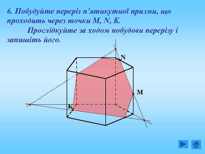 6. Побудуйте переріз п'ятикутної призми, що проходить через точки M, N, K. Прослідкуйте за