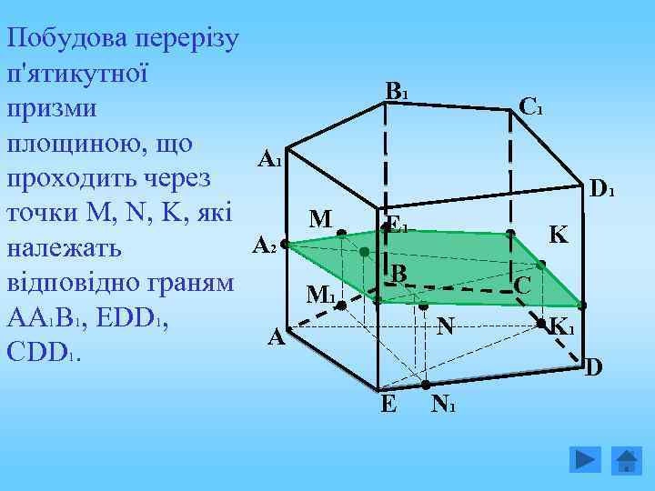 Побудова перерізу п'ятикутної призми площиною, що A 1 проходить через точки M, N, K,
