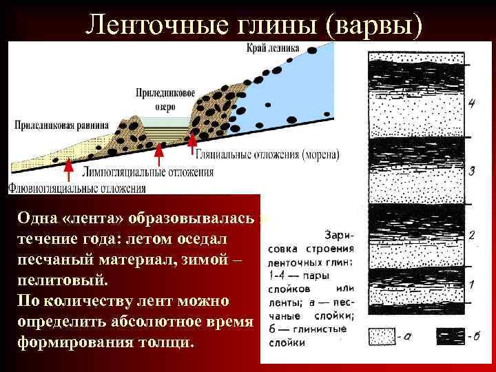 Ленточные глины (варвы) Одна «лента» образовывалась в течение года: летом оседал песчаный материал, зимой