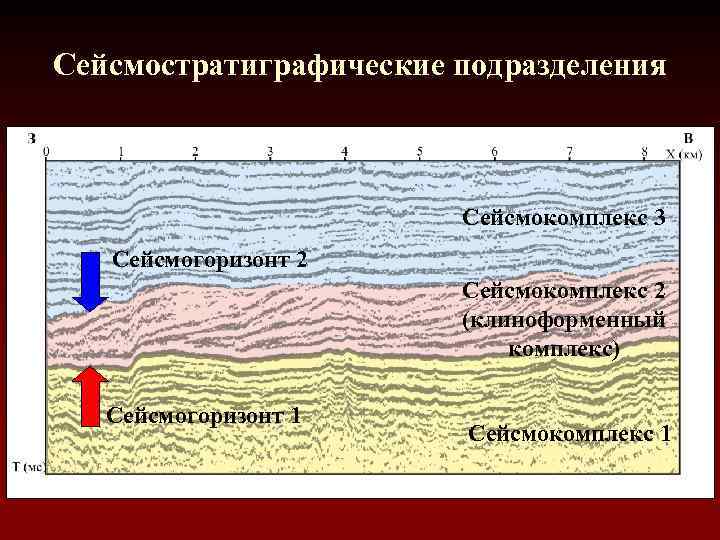 Сейсмостратиграфические подразделения Сейсмокомплекс 3 Сейсмогоризонт 2 Сейсмокомплекс 2 (клиноформенный комплекс) Сейсмогоризонт 1 Сейсмокомплекс 1