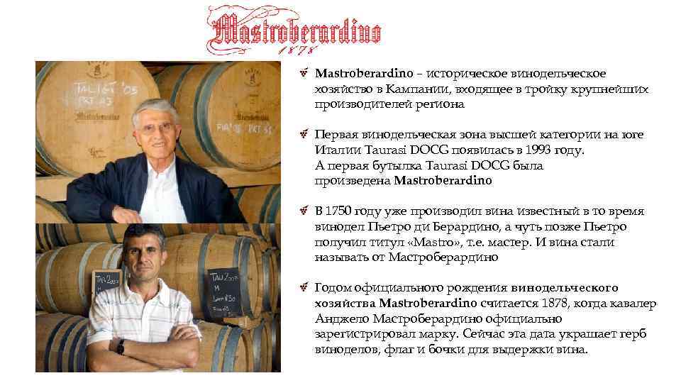 Mastroberardino – историческое винодельческое хозяйство в Кампании, входящее в тройку крупнейших производителей региона Первая