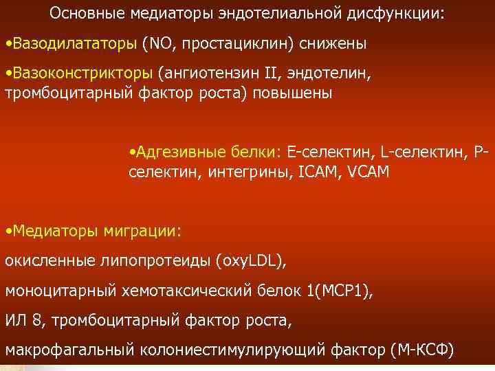 Основные медиаторы эндотелиальной дисфункции: • Вазодилататоры (NO, простациклин) снижены • Вазоконстрикторы (ангиотензин II, эндотелин,