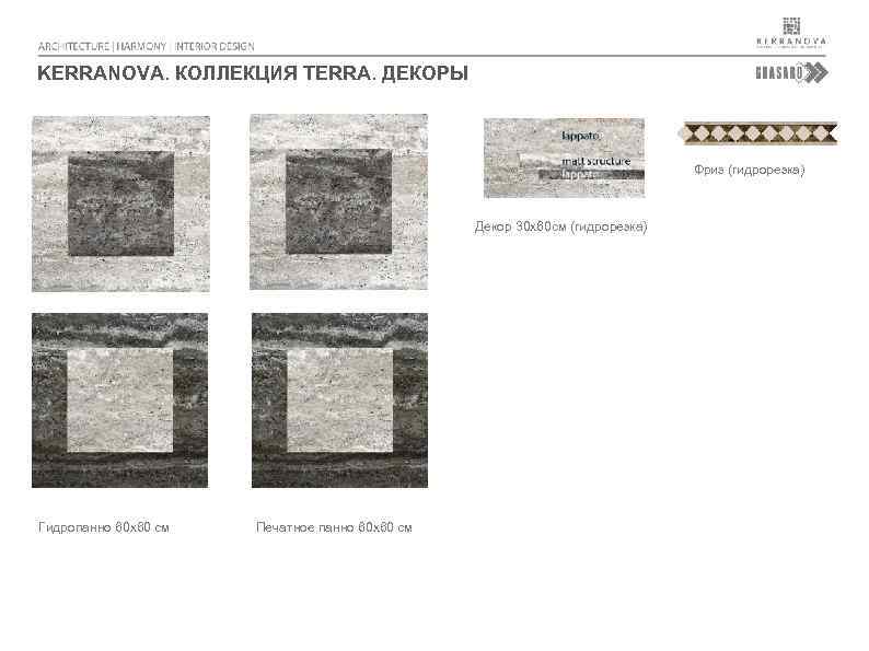 KERRANOVA. КОЛЛЕКЦИЯ TERRA. ДЕКОРЫ Фриз (гидрорезка) Декор 30 х60 см (гидрорезка) Гидропанно 60 х60