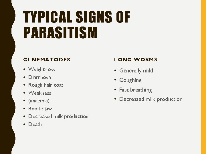 TYPICAL SIGNS OF PARASITISM GI NEMATODES • • Weight-loss Diarrhoea Rough hair coat Weakness