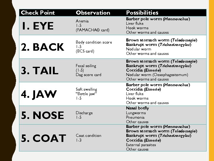 Check Point Observation Possibilities 1. EYE Anemia 1 -5 (FAMACHA© card) Barber pole worm