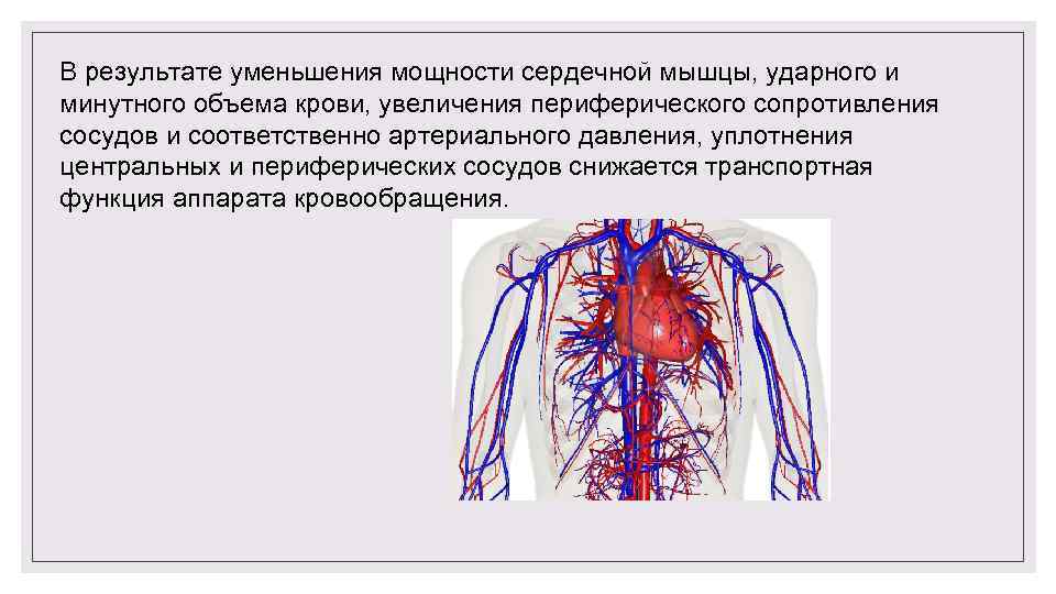 В результате уменьшения мощности сердечной мышцы, ударного и минутного объема крови, увеличения периферического сопротивления