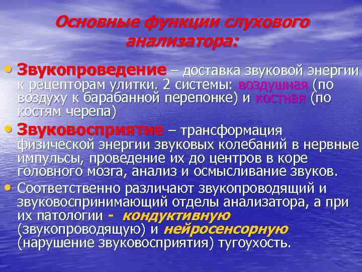 Основные функции слухового анализатора: • Звукопроведение – доставка звуковой энергии к рецепторам улитки. 2