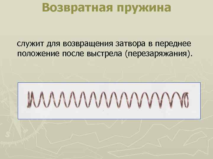Возвратная пружина служит для возвращения затвора в переднее положение после выстрела (перезаряжания). 