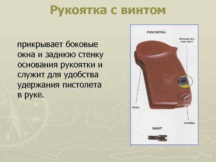 Рукоятка с винтом прикрывает боковые окна и заднюю стенку основания рукоятки и служит для