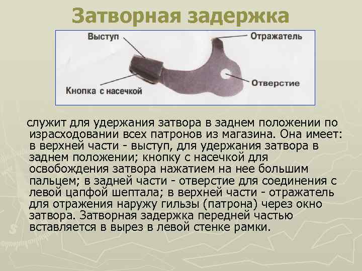 Затворная задержка служит для удержания затвора в заднем положении по израсходовании всех патронов из