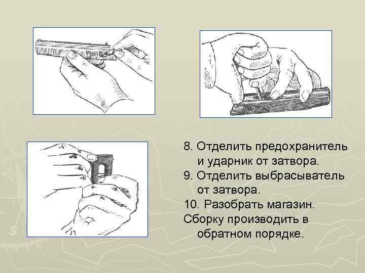 8. Отделить предохранитель и ударник от затвора. 9. Отделить выбрасыватель от затвора. 10. Разобрать