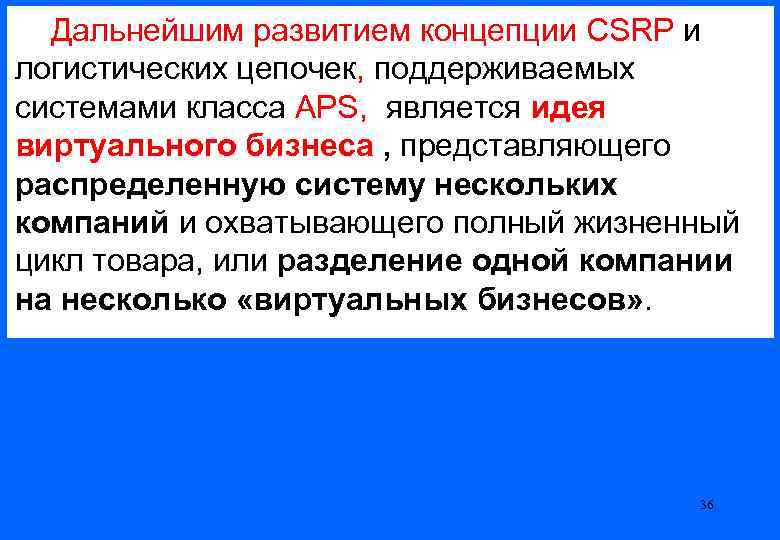 Дальнейшим развитием концепции CSRP и логистических цепочек, поддерживаемых системами класса APS, является идея виртуального