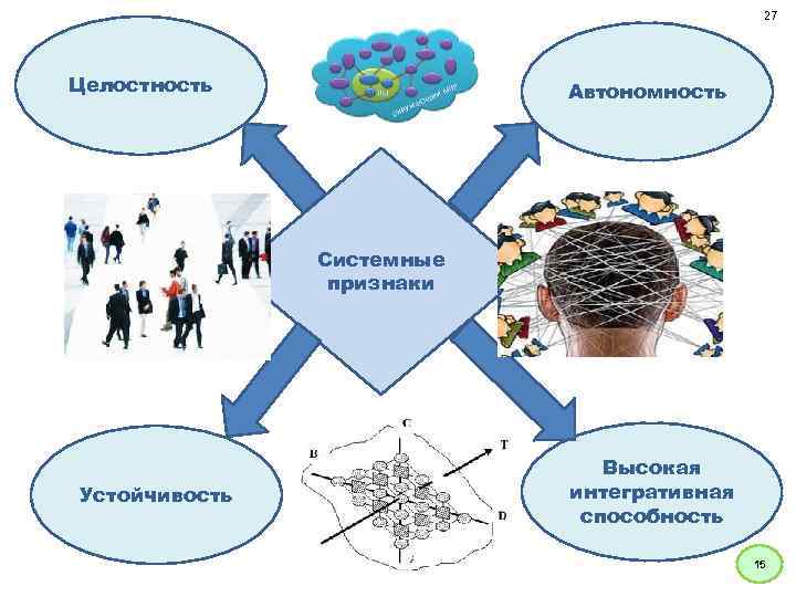 27 Целостность Автономность Системные признаки Устойчивость Высокая интегративная способность 15 