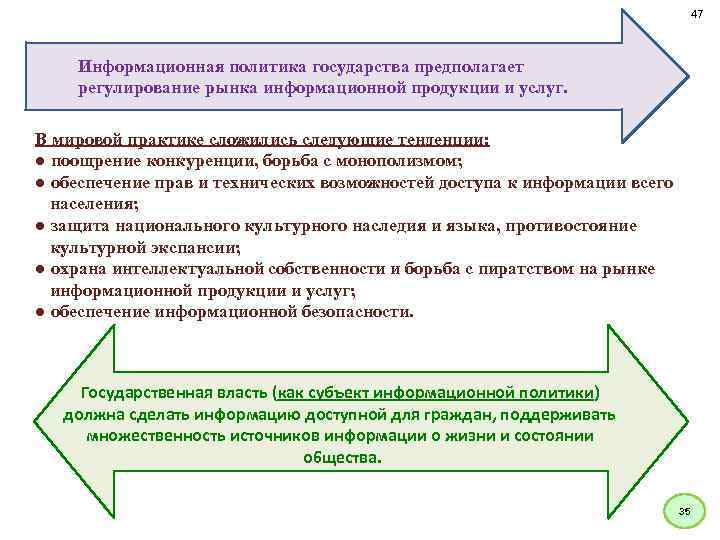 47 Информационная политика государства предполагает регулирование рынка информационной продукции и услуг. В мировой практике