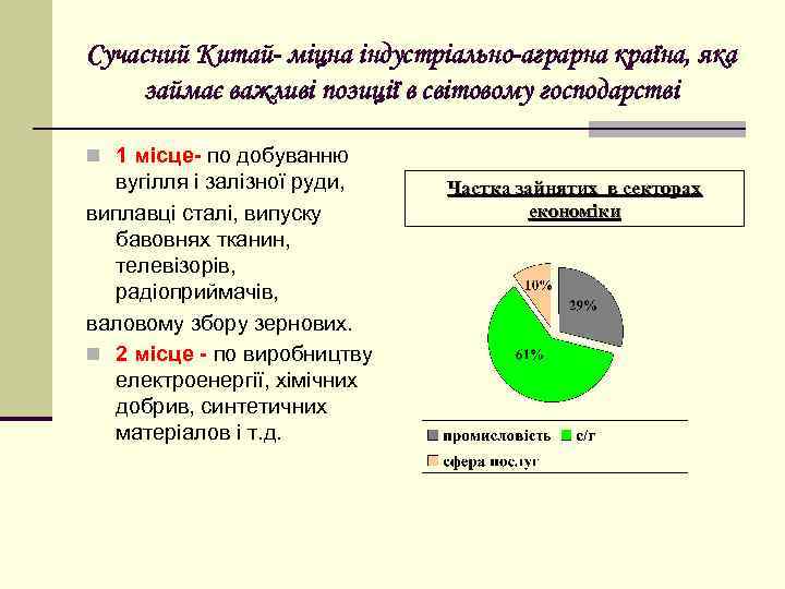 Сучасний Китай- міцна індустріально-аграрна країна, яка займає важливі позиції в світовому господарстві n 1