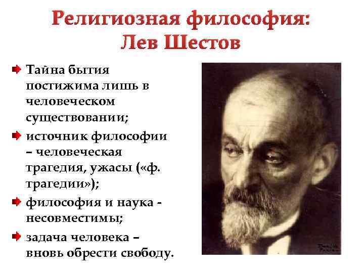 Религиозная философия: Лев Шестов Тайна бытия постижима лишь в человеческом существовании; источник философии –