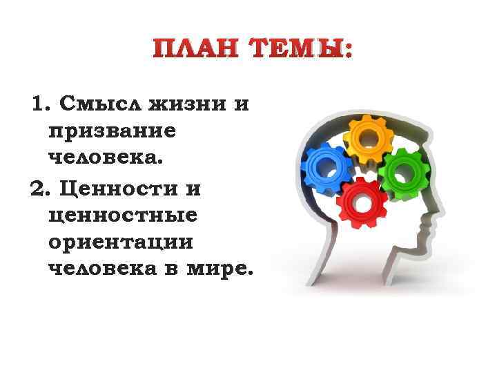 ПЛАН ТЕМЫ: 1. Смысл жизни и призвание человека. 2. Ценности и ценностные ориентации человека