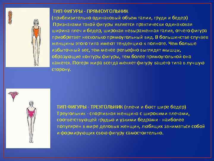 ТИП ФИГУРЫ - ПРЯМОУГОЛЬНИК (приблизительно одинаковый объем талии, груди и бедер) Признаками такой фигуры