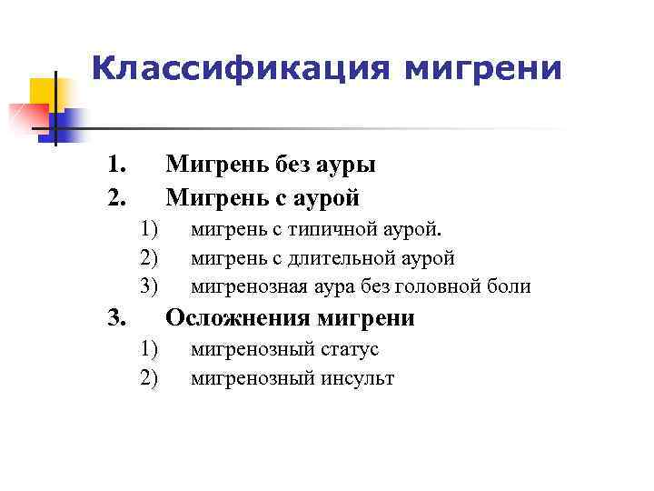 Классификация мигрени 1. 2. Мигрень без ауры Мигрень с аурой 1) 2) 3) 3.