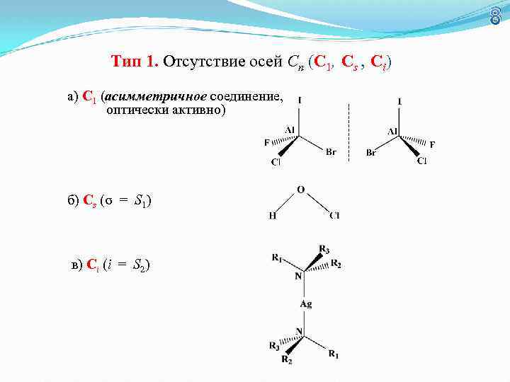 8 Тип 1. Отсутствие осей Сn (С 1, Сs , Сi) а) С 1