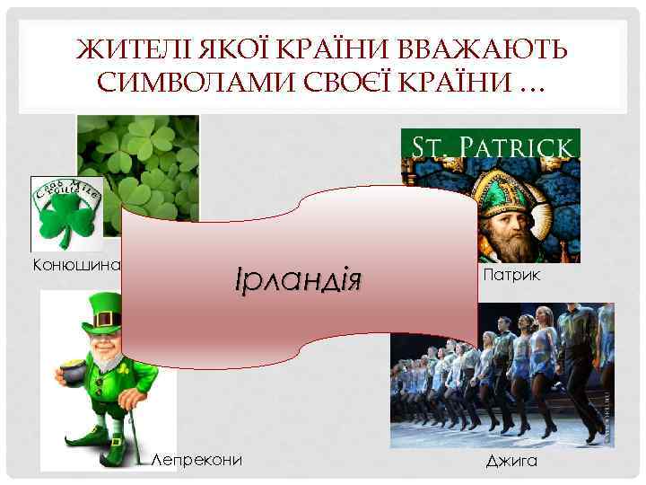 ЖИТЕЛІ ЯКОЇ КРАЇНИ ВВАЖАЮТЬ СИМВОЛАМИ СВОЄЇ КРАЇНИ … Конюшина трилисник Ірландія Лепрекони Св. Патрик