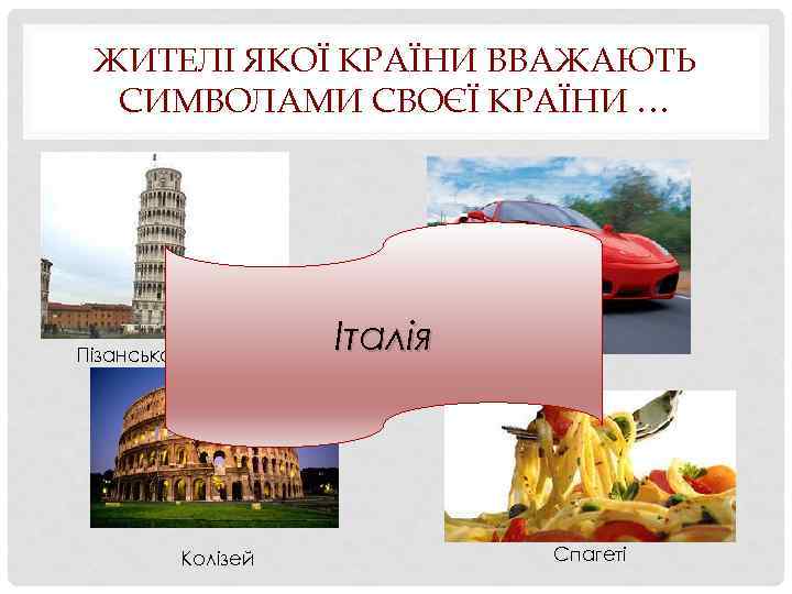 ЖИТЕЛІ ЯКОЇ КРАЇНИ ВВАЖАЮТЬ СИМВОЛАМИ СВОЄЇ КРАЇНИ … Пізанська вежа Колізей Італія Феррарі Спагеті