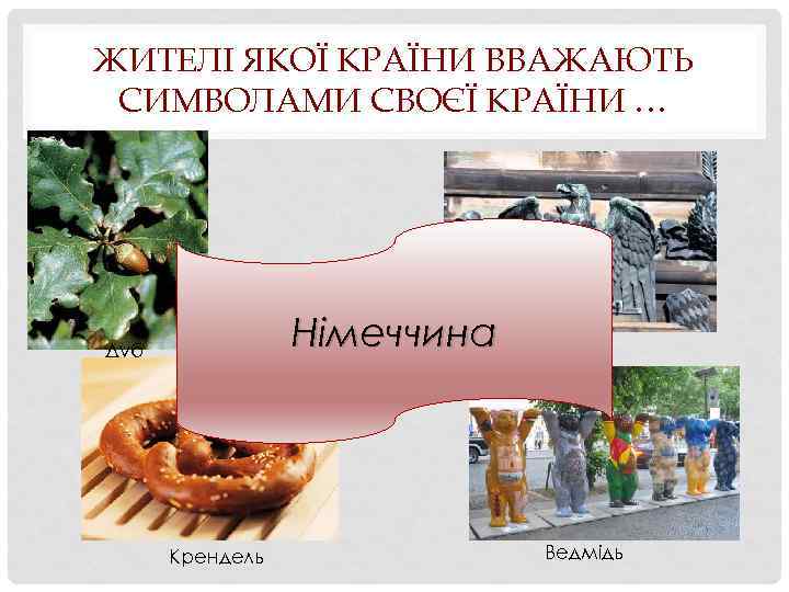ЖИТЕЛІ ЯКОЇ КРАЇНИ ВВАЖАЮТЬ СИМВОЛАМИ СВОЄЇ КРАЇНИ … Німеччина Дуб Крендель Орел Ведмідь 