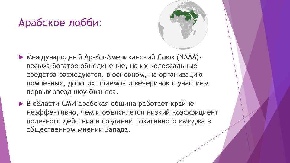 Арабское лобби: Международный Арабо-Американский Союз (NAAA)весьма богатое объединение, но их колоссальные средства расходуются, в