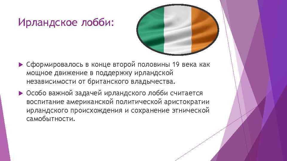 Ирландское лобби: Сформировалось в конце второй половины 19 века как мощное движение в поддержку