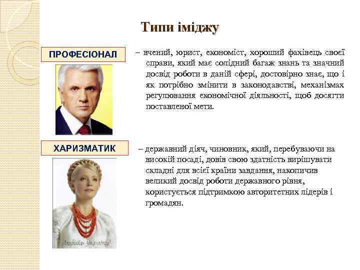 Типи іміджу ПРОФЕСІОНАЛ ХАРИЗМАТИК – вчений, юрист, економіст, хороший фахівець своєї справи, який має