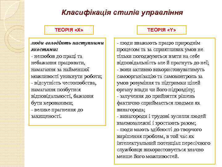 Класифікація стилів управління ТЕОРІЯ «Х» люди володіють наступними якостями: - нелюбов до праці та