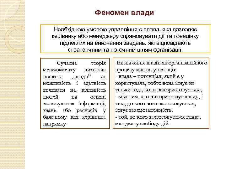 Феномен влади Необхідною умовою управління є влада, яка дозволяє керівнику або менеджеру спрямовувати дії