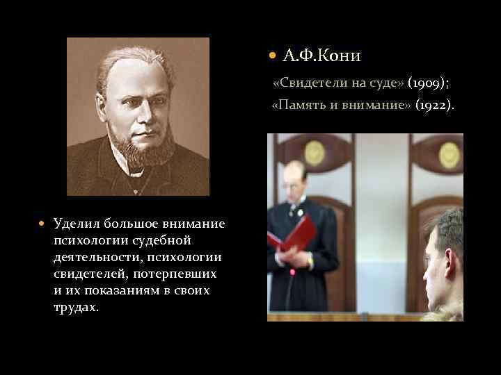  А. Ф. Кони «Свидетели на суде» (1909); «Память и внимание» (1922). Уделил большое