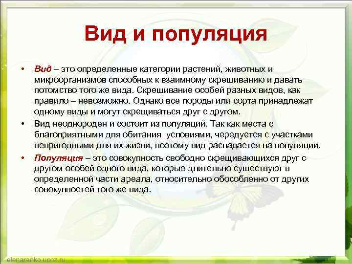 Вид и популяция • • • Вид – это определенные категории растений, животных и