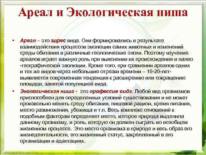 Ареал и Экологическая ниша • • Ареал – это адрес вида. Они формировались в